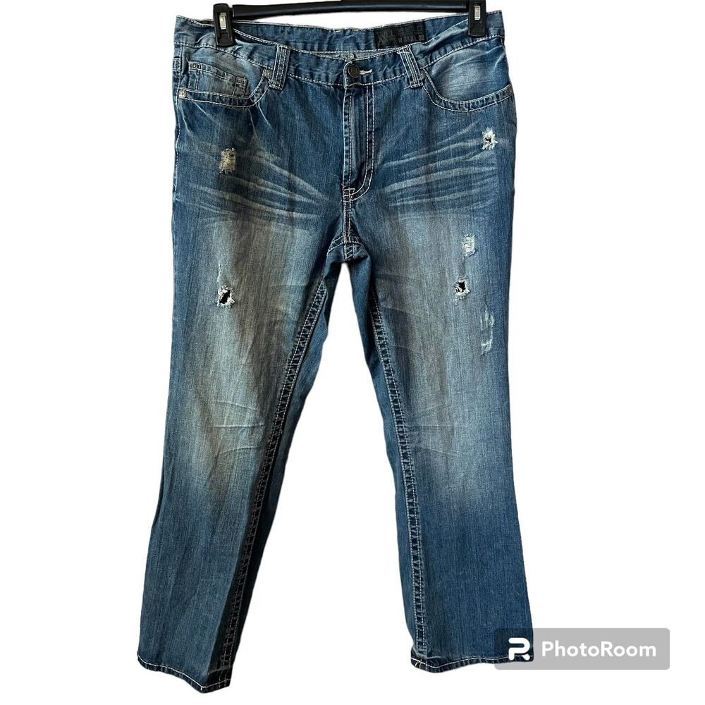 TK Axel Wolcott Jeans Mens 38x32 Vintage Boot Cut Blue Denim Distressed Med Wash